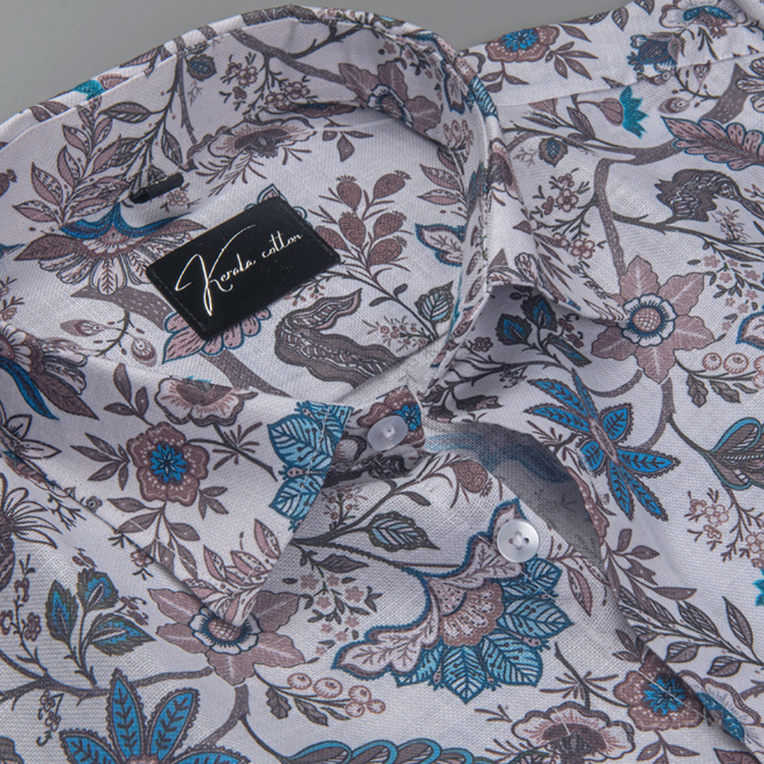 Rusiyano Linen White with Rama Marrun Flower Print Shirts for Men