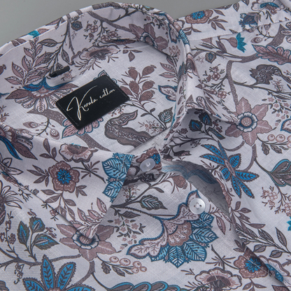Rusiyano Linen White with Rama Marrun Flower Print Shirts for Men