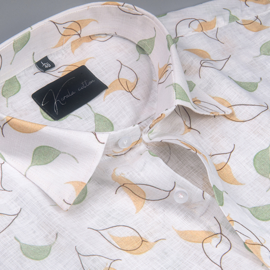 Linen Prime White with Green Yellow Big Leaf Print Shirts for Men