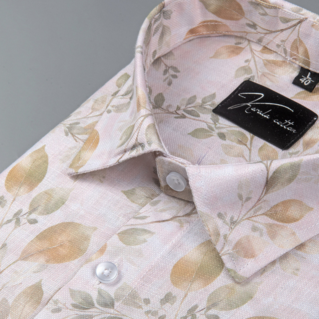 Rusiyano Linen Light Peach Leaf Printed Shirts for Men
