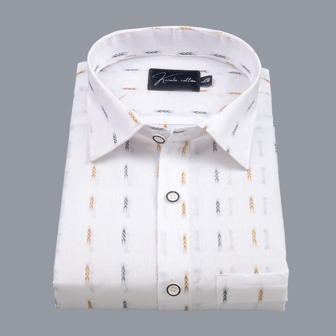 Linen New Butta White Golden Blue Brod Single Line Print Shirts