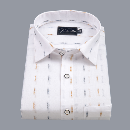 Linen New Butta White Golden Blue Brod Single Line Print Shirts