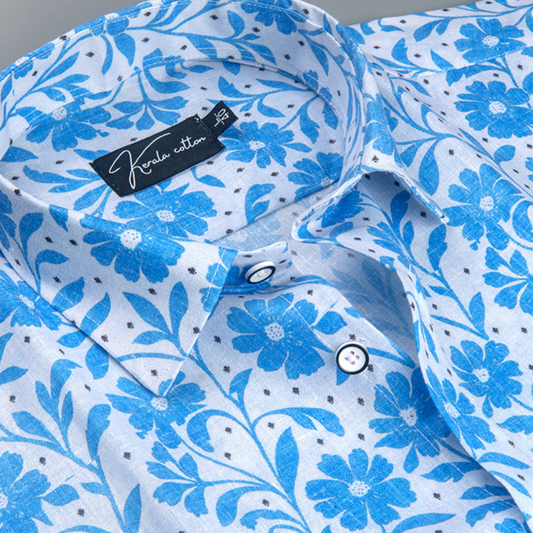 Digital White with Sky Blue Flower Print Shirts for Men