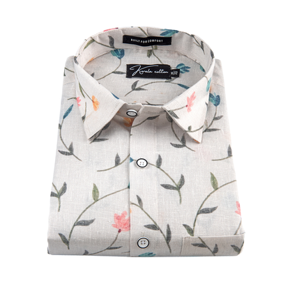 New Italian Linen Cream With Rama Pink Flower Print Shirts