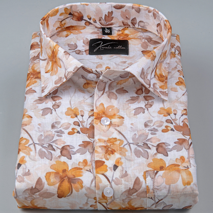 Rusiyano Linen White With Yellow Golden Flower Print Shirts for Men