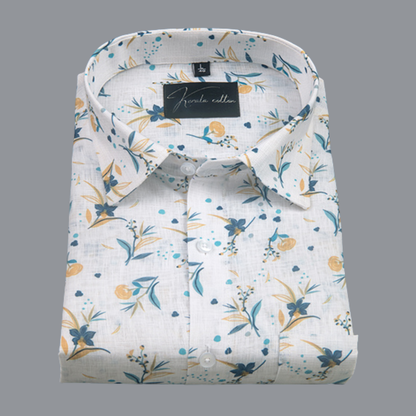 Linen Prime white with Rama Yellow Small Flower Print Shirts for Men