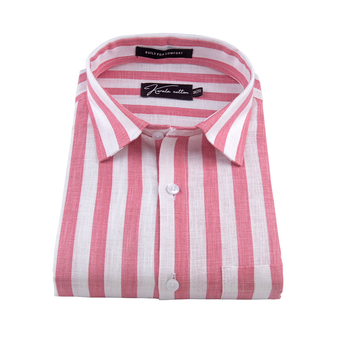 Linen White With Pink Patta Print Shirts For Men