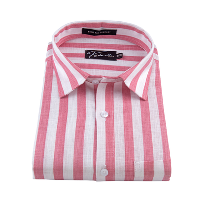 Linen White With Pink Patta Print Shirts For Men