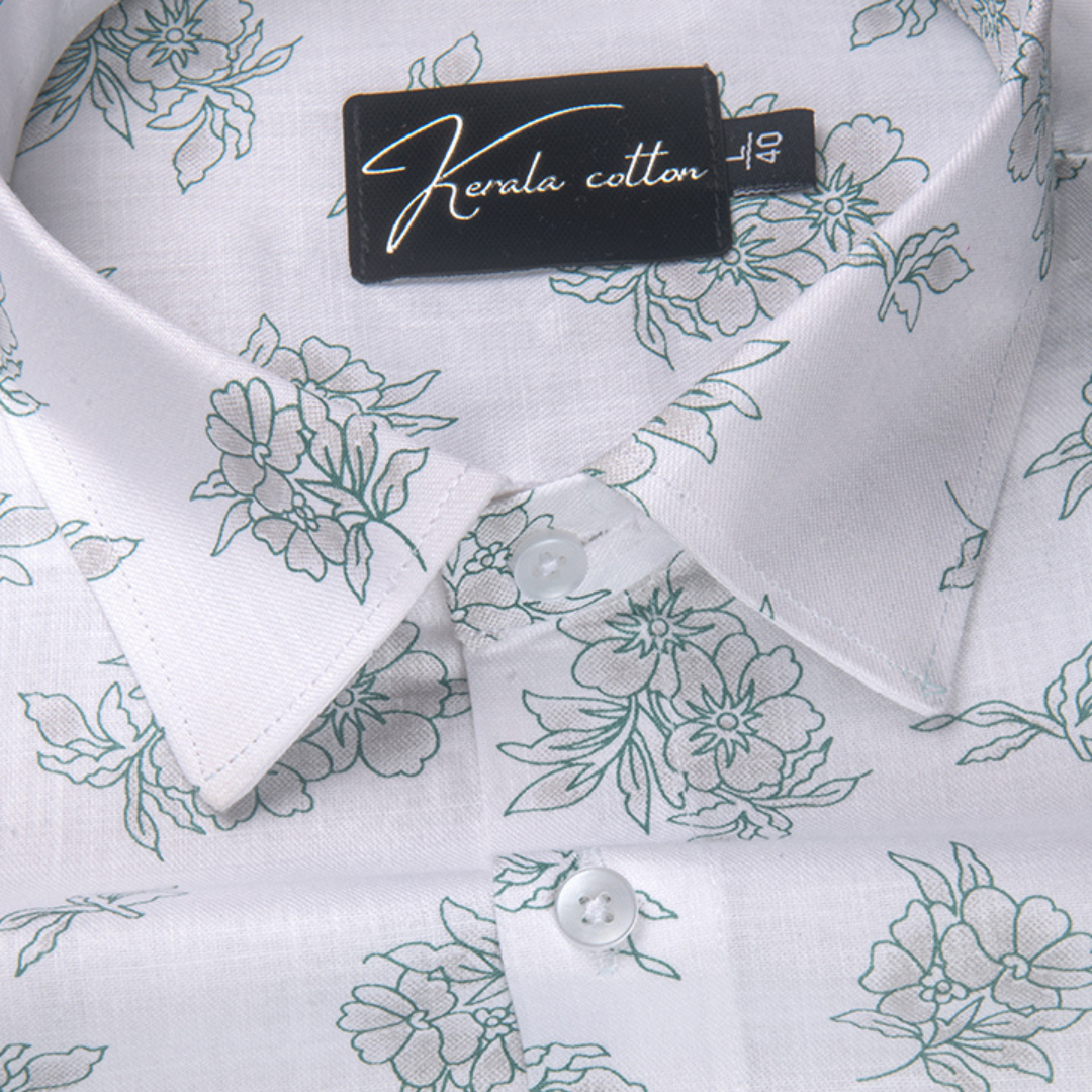 Turkey Cotton White with Green Flower Print Shirts for Men