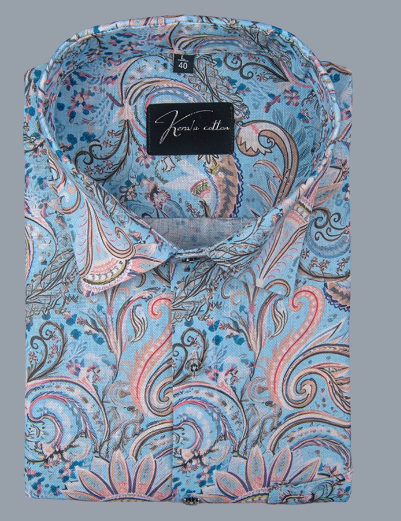 Rusiyano Linen Sky Blue With Peach Flower Print Shirts for Men