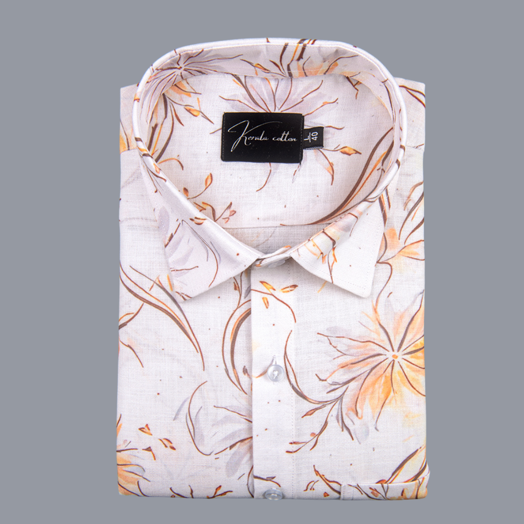 Belgium Soft Linen White with Yellow Flowers Print Shirts