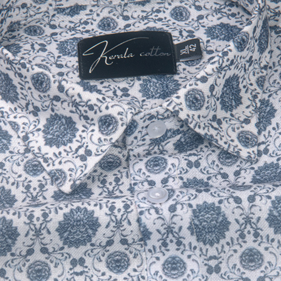 Rusiyano Linen White with Gray Franch Print Shirts for Men