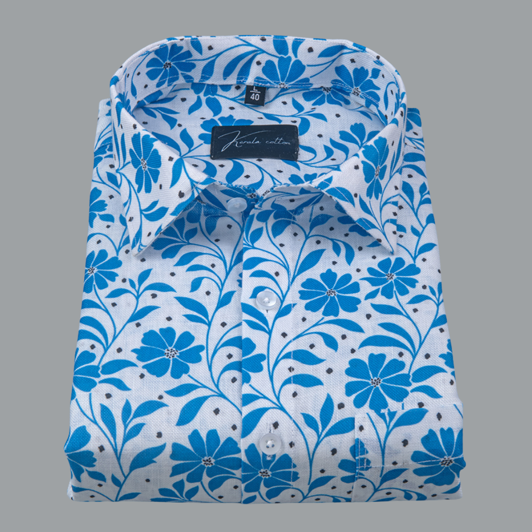 Rusiyano Linen White with Sky Flower Print Shirts for Men