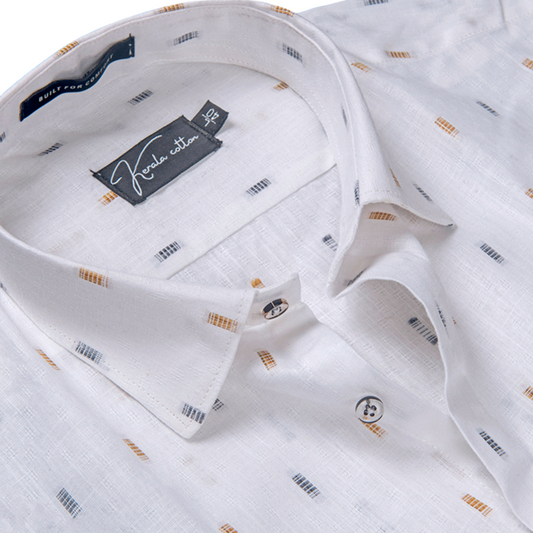 Linen butta white with golden blue rectangle print shirts for men