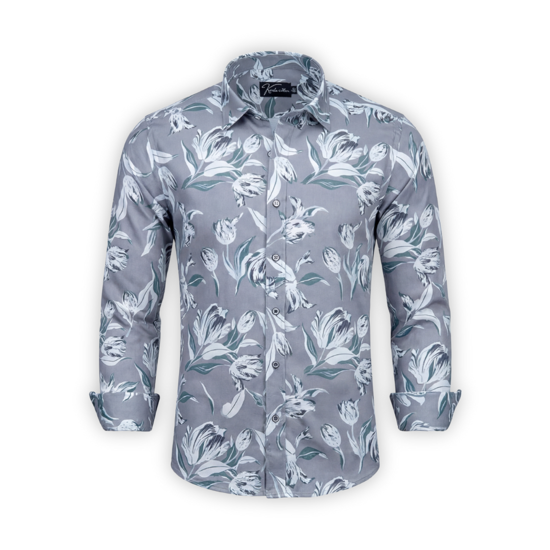 Fancy Melange Dark Grey with White flower Print Shirts for Men