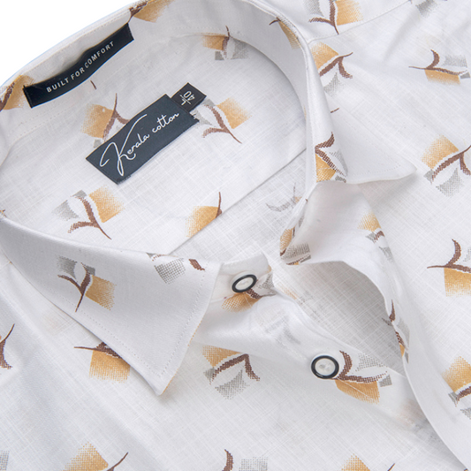 Turkey Linen White With New Yellow Marrun Print Shirts For Men