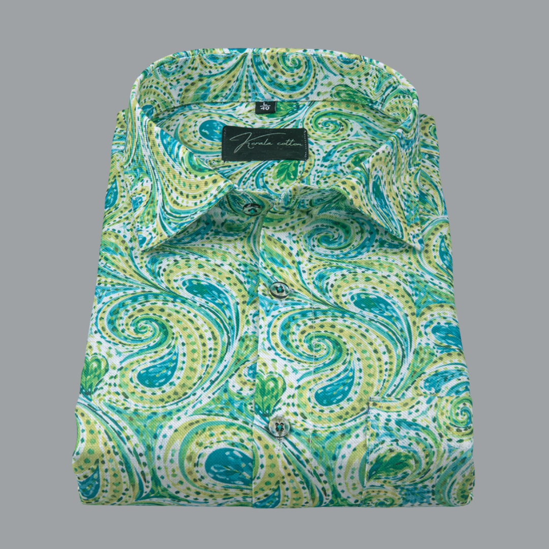 Rusiyano Linen Parrat Green Pathan Print Shirts for Men