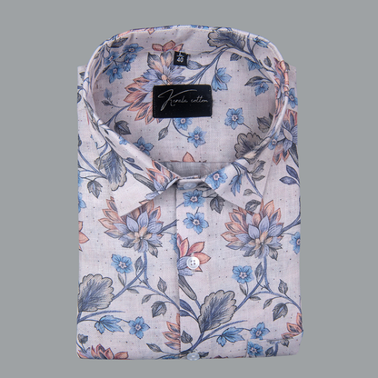 Rusiyano Linen Light Sky with Orange Cluster Flower Print Shirts for Men