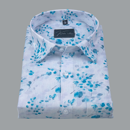 Rusiyano Linen White with Rama Blue Flower Print Shirts for Men