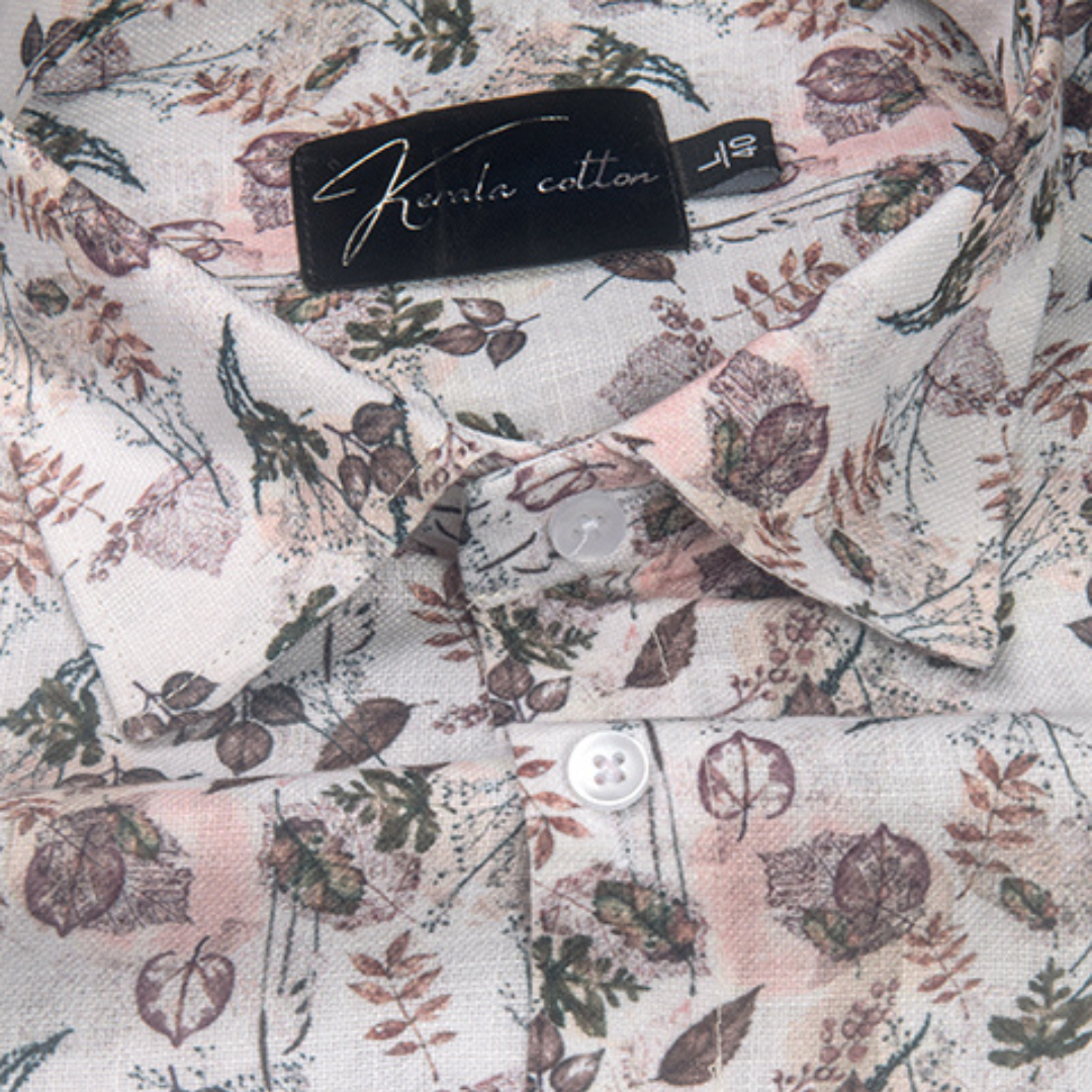 Rusiyano Linen White with Marrun Green Mix Flower Print Shirts for Men