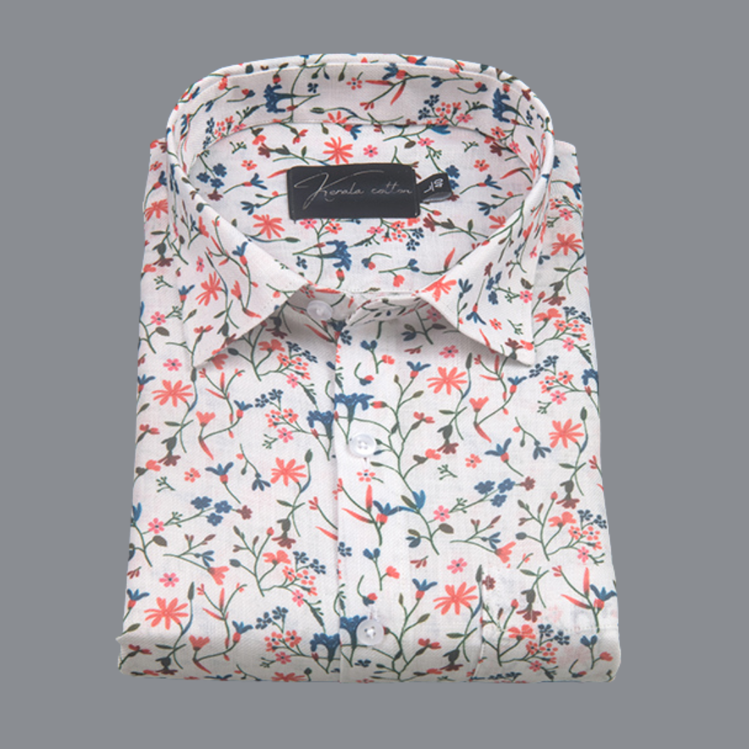 Rusiyano Linen White with Red Blue Flower Print Shirts for Men