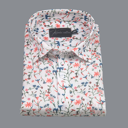 Rusiyano Linen White with Red Blue Flower Print Shirts for Men