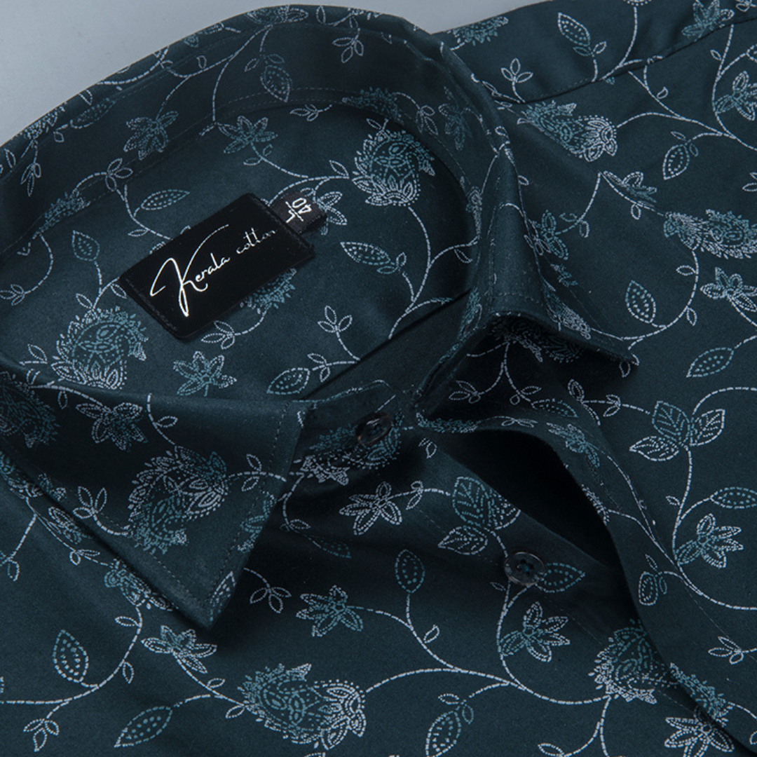 Trident Bottle Green Cotton Print Shirts