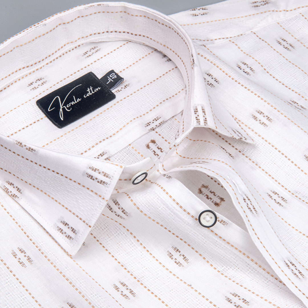 Linen New Butta White with Golden Lining Zari Print Shirts