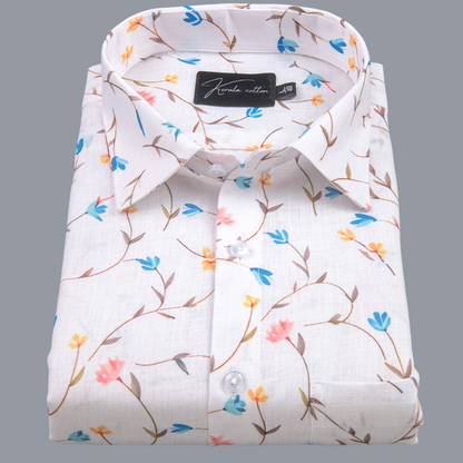 New Italian Linen Cream With Rama Pink Flower Print Shirts