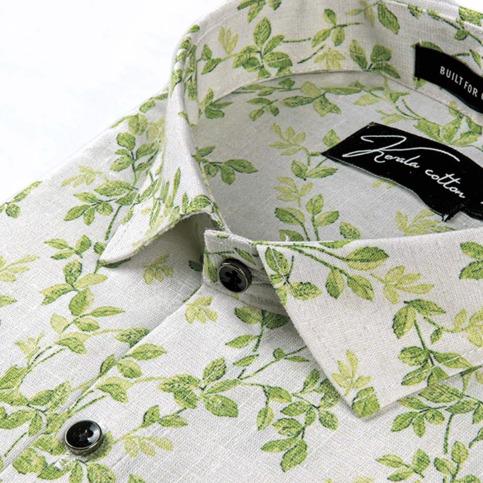 Italian linen White With Green Flower Print