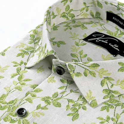Italian linen White With Green Flower Print