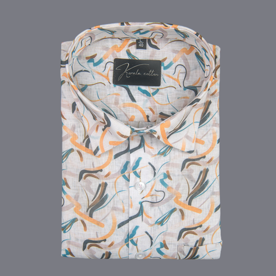 Linen Prime White Yellow Rama Multiple Zickzack Print Shirts for Men