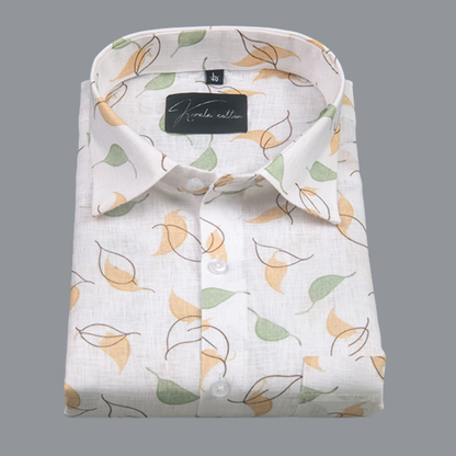 Linen Prime White with Green Yellow Big Leaf Print Shirts for Men