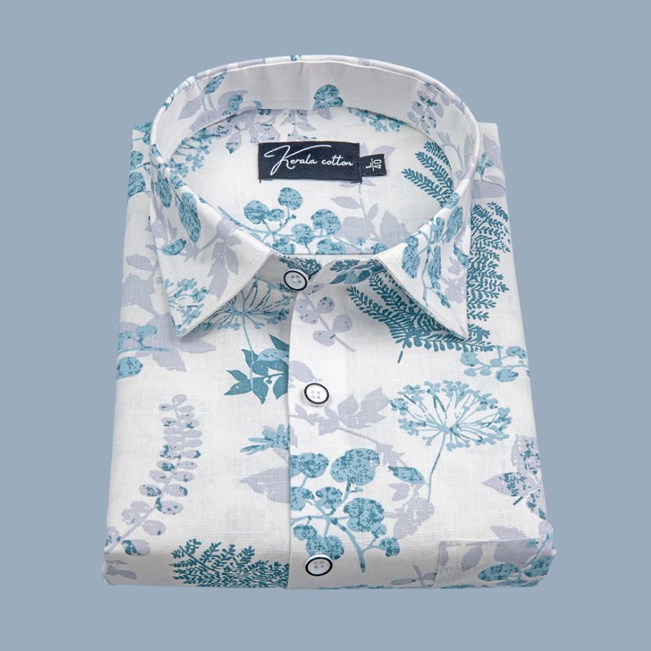Opal Linen White with Sky Blue Flower Shirts for Men