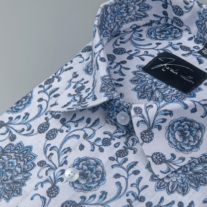 Rusiyano Linen White with Grey French Print Shirts for Men