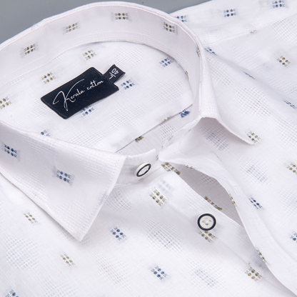 Linen New Butta White Golden with Blue Rectangle Print Shirts