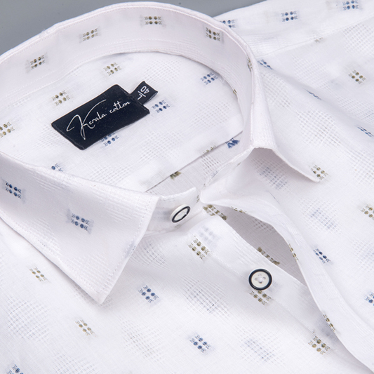 Linen New Butta White Golden with Blue Rectangle Print Shirts