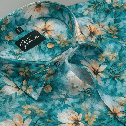 Rusiyano Linen Rama Green flower Print Shirts for Men