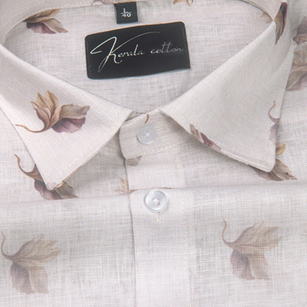 Linen Prime White with Coffee Flower Print Shirts for Men