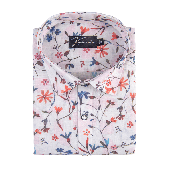 Italian Linen White With Red Blue Mix Printed Shirts