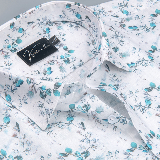 Belgium Soft Linen White with Rama Flower Print Shirts