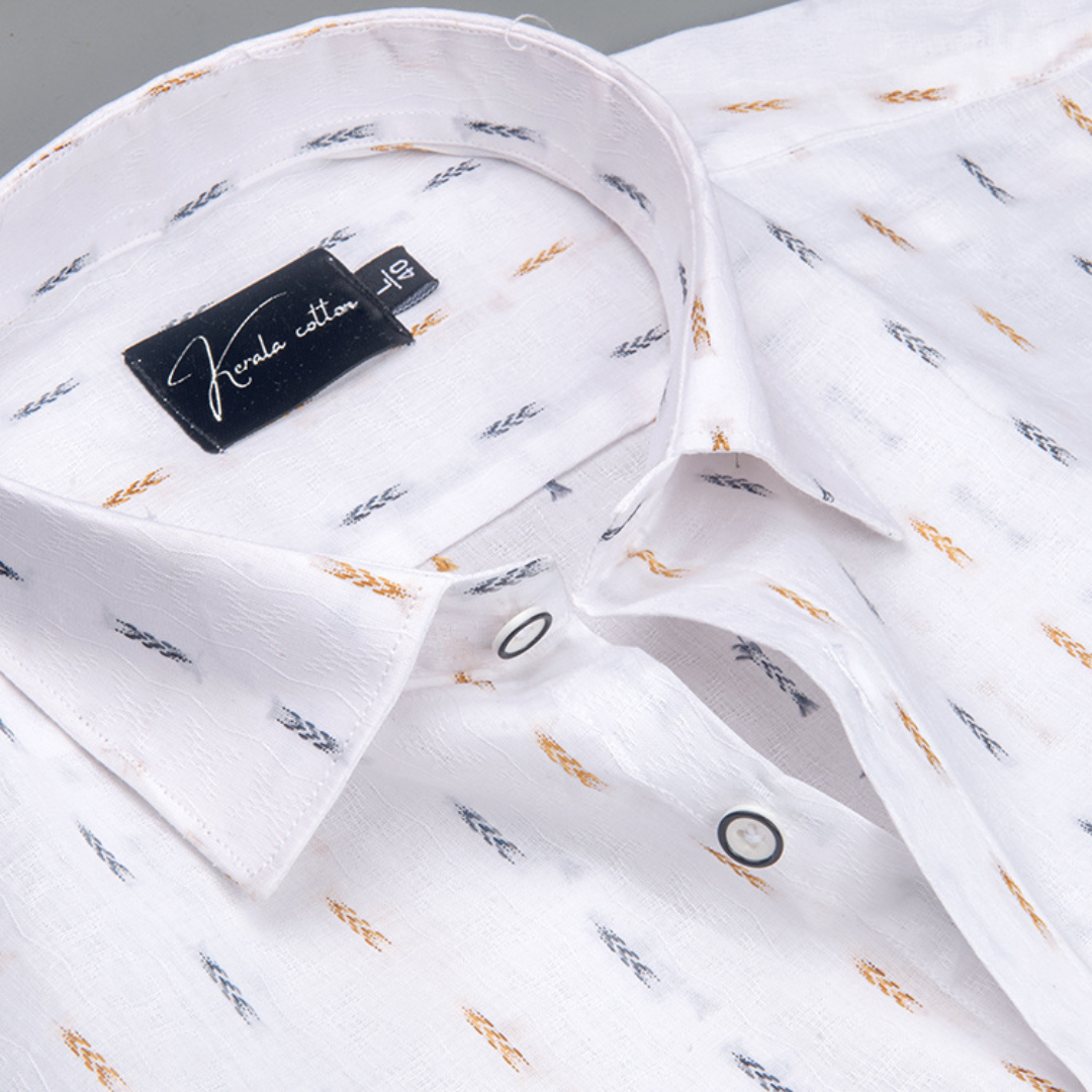 Linen New Butta White Golden Blue Brod Single Line Print Shirts