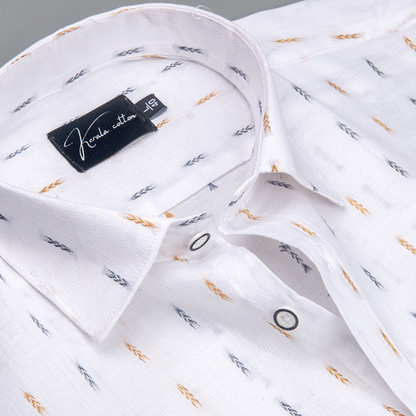 Linen New Butta White Golden Blue Brod Single Line Print Shirts