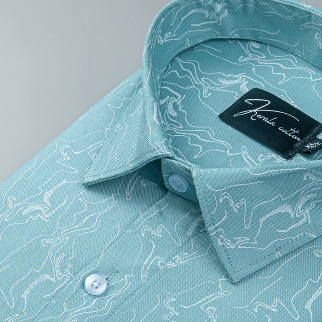Trident Sky blue white Print Cotton Shirts
