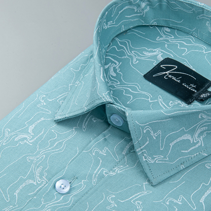 Trident Sky blue white Print Cotton Shirts