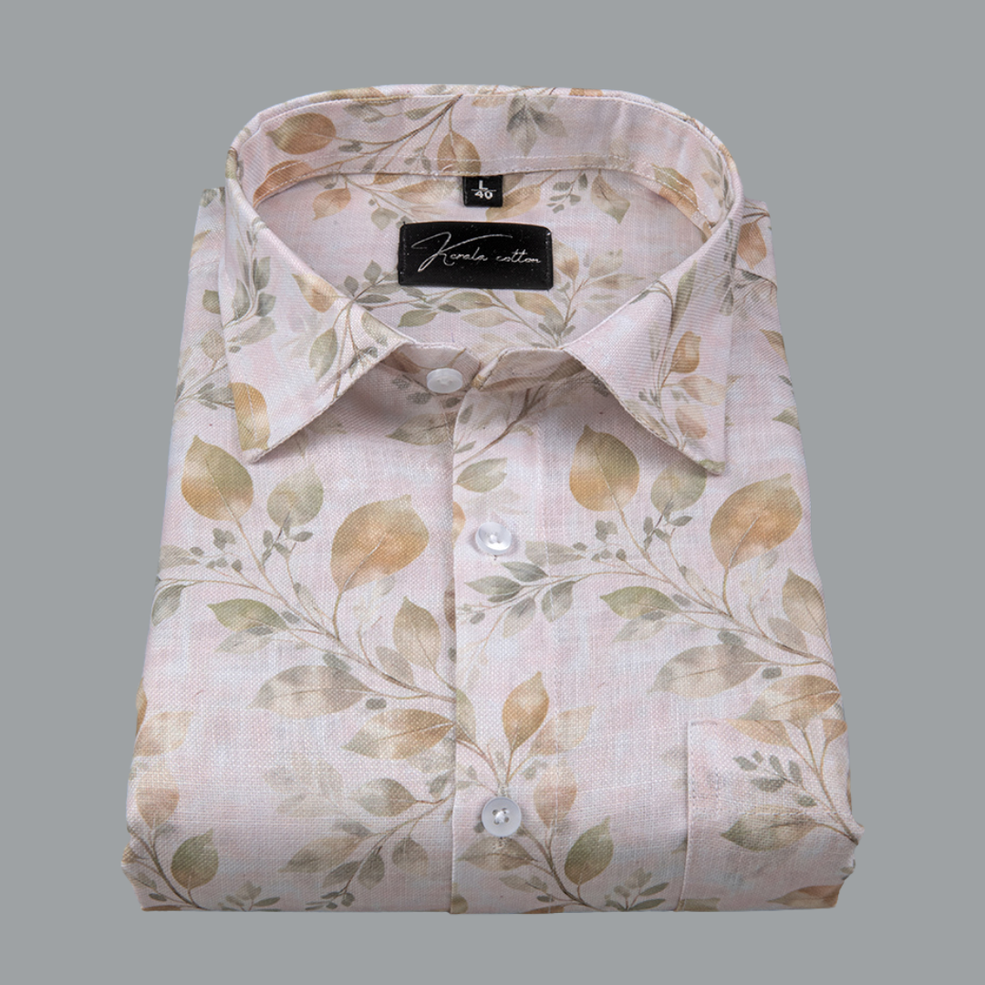 Rusiyano Linen Light Peach Leaf Printed Shirts for Men