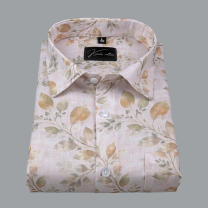 Rusiyano Linen Light Peach Leaf Printed Shirts for Men