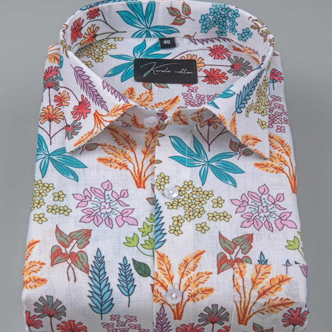 Rusiyano Linen White with Multicolour Flower Print Shirts for Men