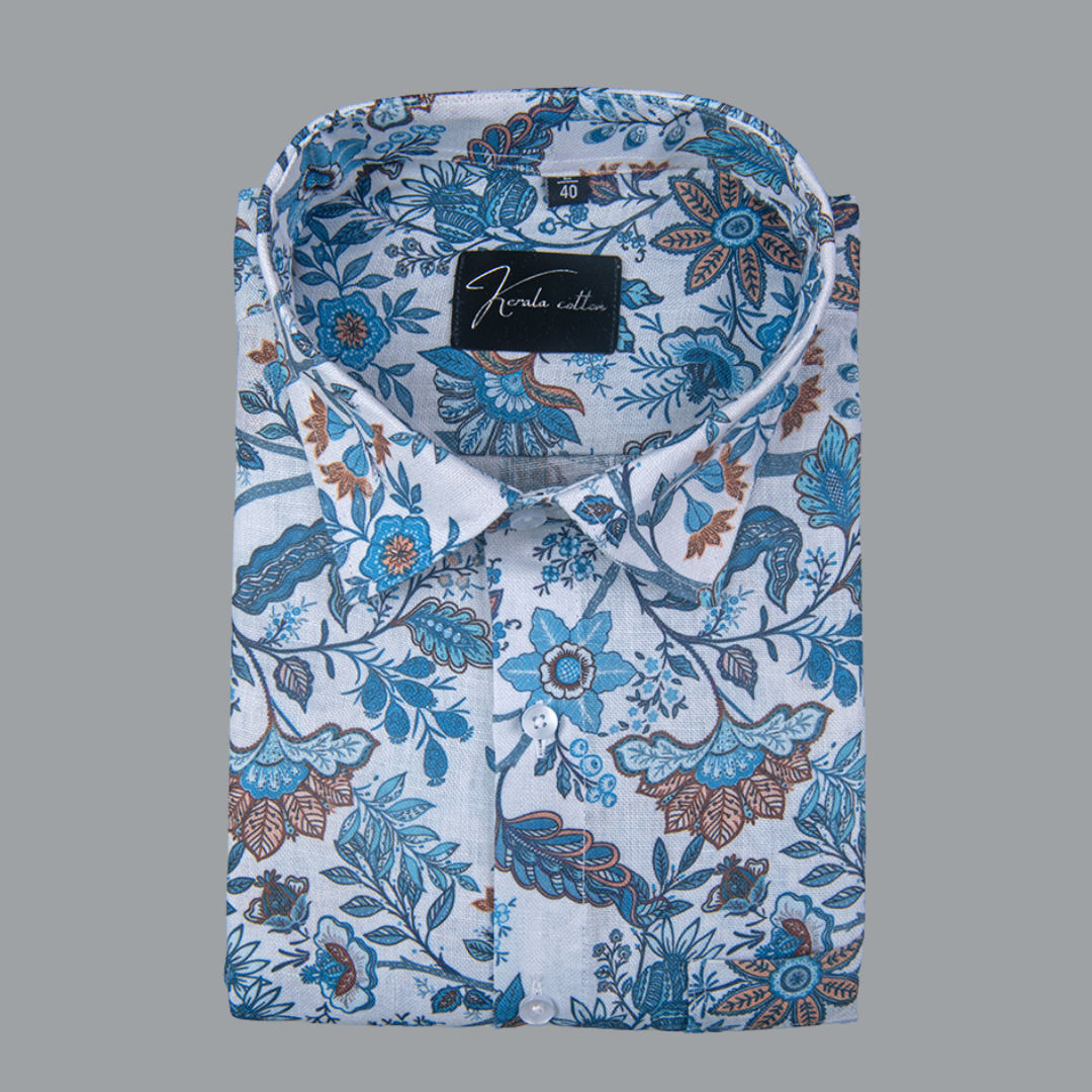 Rusiyano Linen White with Rama Orange Flower Print Shirts for Men