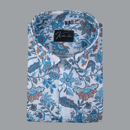Rusiyano Linen White with Rama Orange Flower Print Shirts for Men